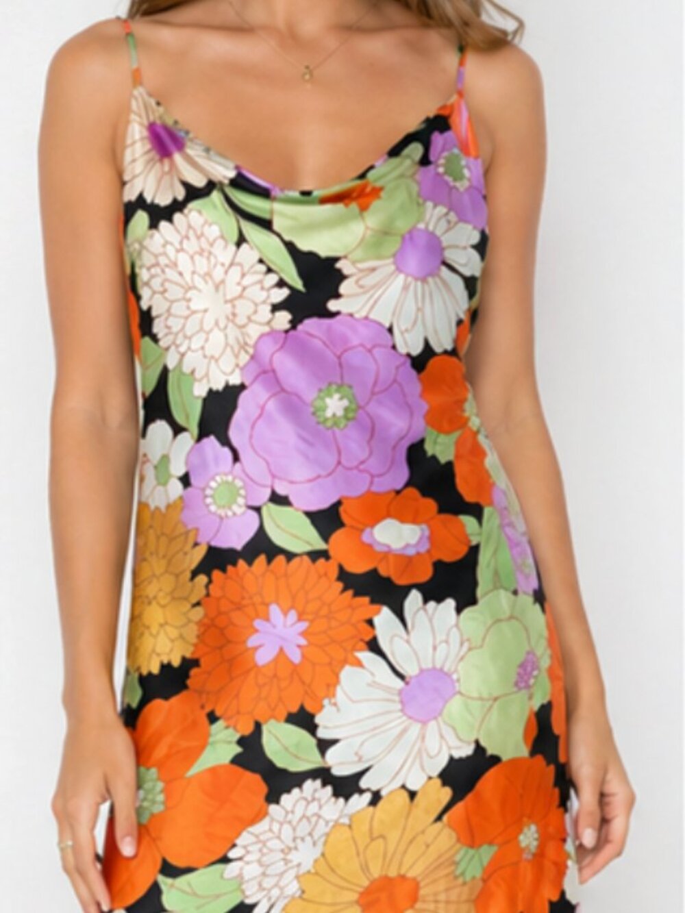 Tropical Floral Satin Slip Dress – Spaghetti Strap Asymmetrical Midi Dress